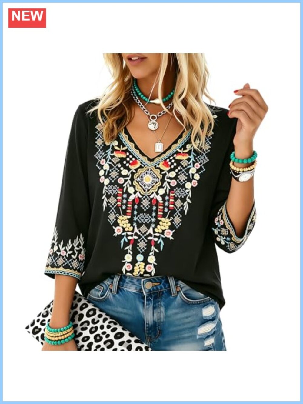 Mexican Embroidered Tunic Top V-Neck 3/4 Sleeve Rayon Boho Peasant Blouse